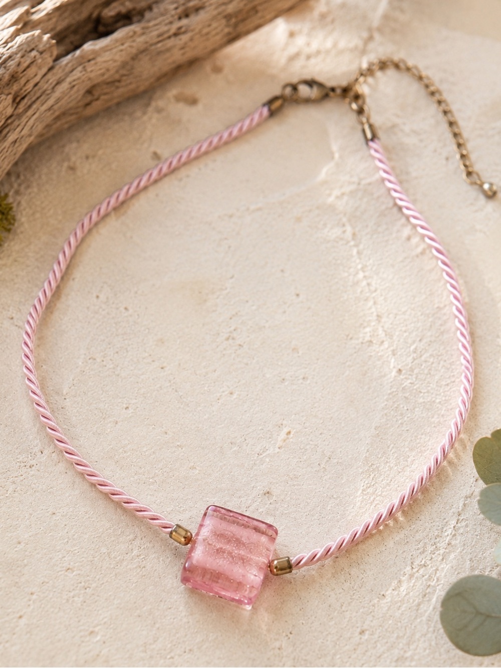 Free People Pink Glass Cord Choker Necklace Blush Fairycore Boho Y2K
